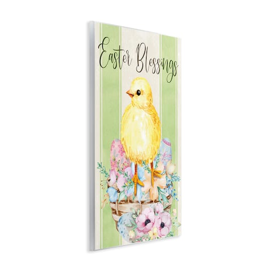 Stupell Industries Easter Blessings Text Striped Yellow Chick Egg Basket Wall Plaque Art